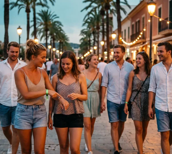 Eine Gruppe junger Urlauber geht abends über eine Uferpromenade auf Mallorca, eine Frau zeigt ihrem Freund ein Stoffarmband am Handgelenk.