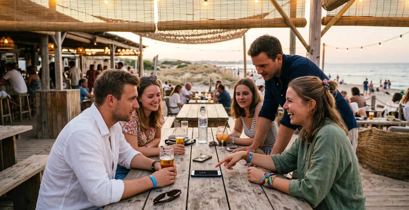 Eine Gruppe junger Freunde plant am Abendtisch einer Beachbar den weiteren Verlauf der Nacht, zwei tragen Party-Pass-Armbänder.