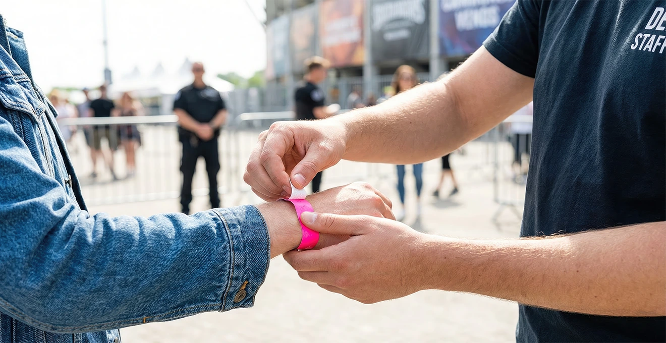 Ein Promoter legt einer jungen Frau am Eingang eines Clubs ein Stoffarmband um das Handgelenk, während im Hintergrund eine Warteschlange steht.